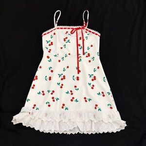 Cherry Print White Dress with Lace Hem